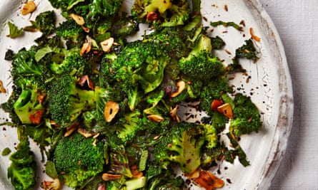 Fried brocolli and kale with garlic, cumin and lime