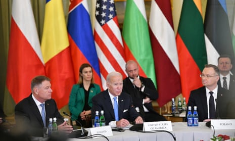 Biden with leaders of the Bucharest Nine in Warsaw on Wednesday.