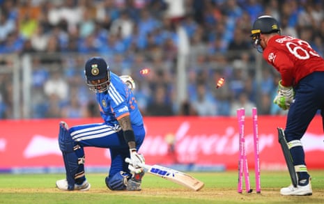 Suryakumar Yadav is stumped by Jos Buttler for 11.