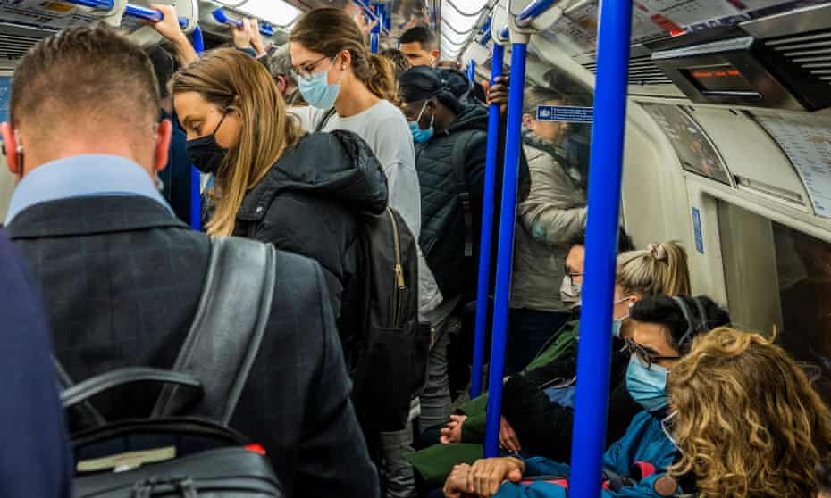 A crowded Tube train in London, UK.