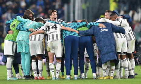 Juventus players celebrate after beating Inter in the ‘derby d’Italia’