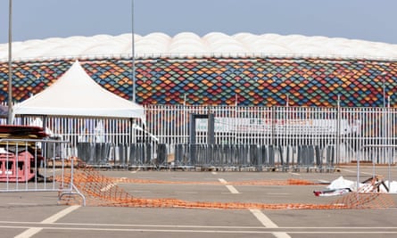 Barriers on the ground outside the Stade Olembé the day after the tragedy