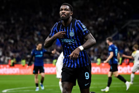 Marcus Thuram reacts after putting Inter ahead against Parma.