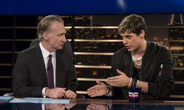  Bill Maher talks to Milo Yiannopoulos on last Friday's Real Time with Bill Maher. He compared him to a 'young, gay, alive Christopher Hitchens'. Photograph: Janet Van Ham/AP  