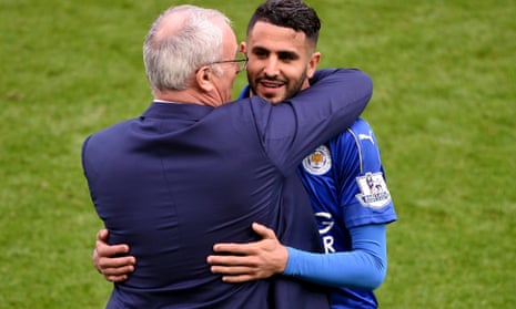 Riyad Mahrez and Claudio Ranieri celebrate Leicester’s title win