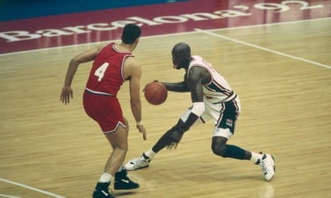 Michael Jordan of the US in action in the 1992 Olympic basketball final in which the Dream Team defeated Croatia 117-85. 