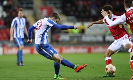Solly March scores Brighton & Hove Albion's second goal against the side at the bottom of the Championship table, Rotherham