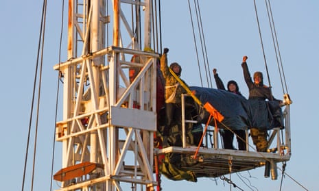 Anti-fracking protesters on the rig at Kirby Misperton, North Yorkshire.