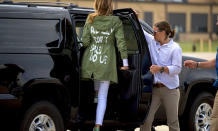 Melania Trump wearing a Zara jacket that reads, “I don’t really care. Do U?,” after visiting the Upbring New Hope Children Center