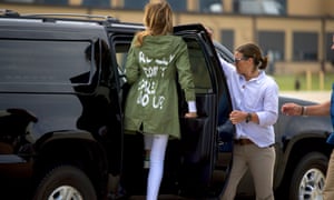 Melania Trump arrives at Andrews Air Force Base in Maryland on 21 June wearing a Zara jacket that reads, 'I don't really care. Do U?'