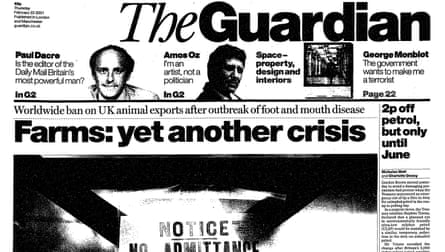 Guardian front page coverage of an outbreak of foot-and-mouth disease, 22 February 2001.