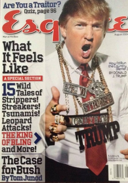 Trump wearing multiple jewel encrusted chains on a cover of Esquire.