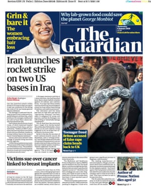 Guardian final front page, Wednesday 8 January 2020