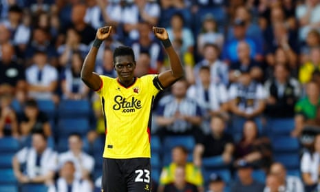 Watford's Ismaila Sarr celebrates after scoring their first goal with a chip from 60 yards out.