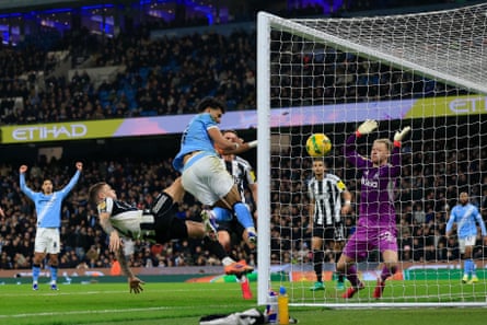 Omar Marmoush scores Manchester City’s second goal against Newcastle.
