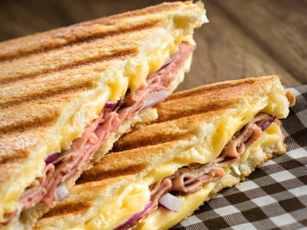 Ham, cheese and red onion toastie.