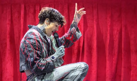 The demonic commander … Oli Sykes of Bring Me the Horizon performing at Leeds festival.
