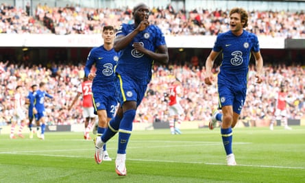Romelu Lukaku of Chelsea celebrates after scoring their side’s first goal during the Premier League match between Arsenal and Chelsea at Emirates Stadium on August 22, 2021.