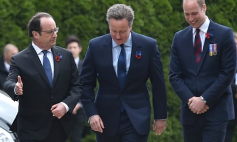 French president François Hollande, British Prime Minister David Cameron and Britain’s Prince William walk during a ceremony marking the centenary of the Battle of the Somme.
