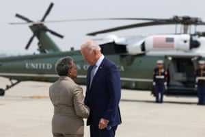 Joe Biden is welcomed by Chicago mayor Lori Lightfoot, as he arrives at O’Hare International Airport in Chicago, Illinois.