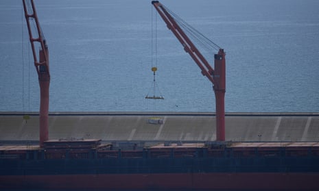 A crane loads food aid for Gaza onto the container ship Sagamore at Larnaca.