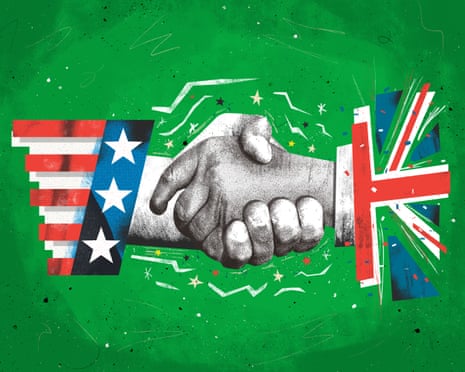 Two hands shaking to represent an agreement: the left hand is more dominant with the sleeve depicting the US flag, the right is weaker with its sleeve depicting the union flag slightly fragmented