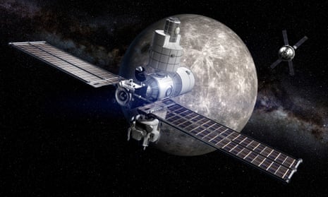 artists rendering of the gateway in lunar orbit with the orion spacecraft approaching