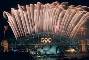 The closing ceremony fireworks for the 2000 Olympic Games erupt over the Harbour Bridge and Opera House.