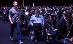 Mark Zuckerberg and journalists in VR headsets at last month’s Samsung press conference