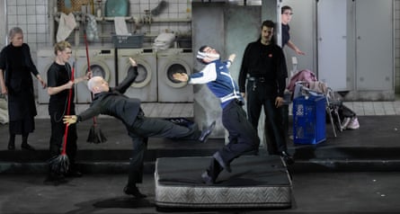 Georgy Kudrenko, centre, as Cherubino, being kicked by the Count’s henchman (Nikita Kukushkin), with Tommaso Barea (Figaro) second right and Susan Zarrabi (Cherubina) far right, and company.