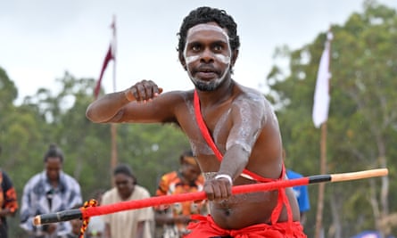 Members of the Yolngu people from north-eastern Arnhem Land perform the Bunggul traditional dance during the Garma Festival.