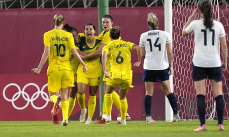 Australia’s Sam Kerr celebrates after scoring the fourth goal against Team GB in extra time