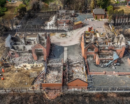 An aerial view of destroyed homes after the Stourbridge wildfire on August 21, 2026