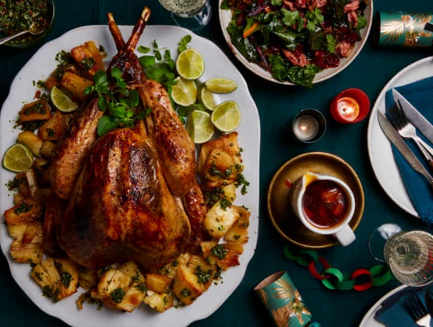 Yotam Ottolenghi’s spiced creole turkey with bourbon and pineapple.