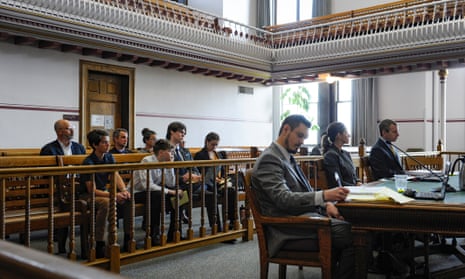 The plaintiffs look on during a status hearing for Held v Montana in the Lewis and Clark county courthouse in Helena, Montana, on 12 May 2023.