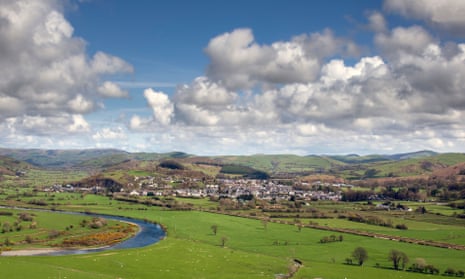 A view of Machynlleth, Powys, west of the town from the top of a 100 metre hill showing the river dovey and surrounding areas. UK.