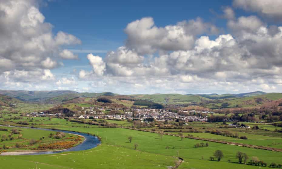 A view of Machynlleth, Powys, west of the town from the top of a 100 metre hill showing the river dovey and surrounding areas. UK.