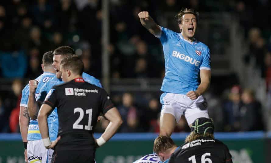 Lloyd Evans celebrates full time with Gloucester clinging to a long-awaited win at Saracens