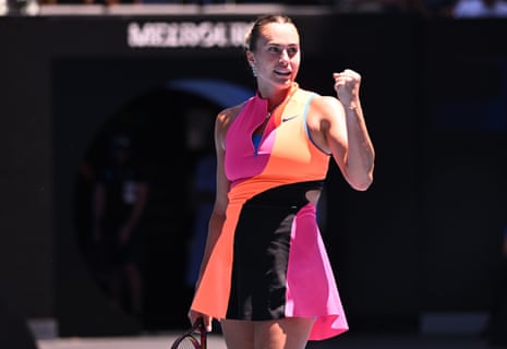 Aryna Sabalenka celebrates winning her quarter-final match against Iva Jovic.