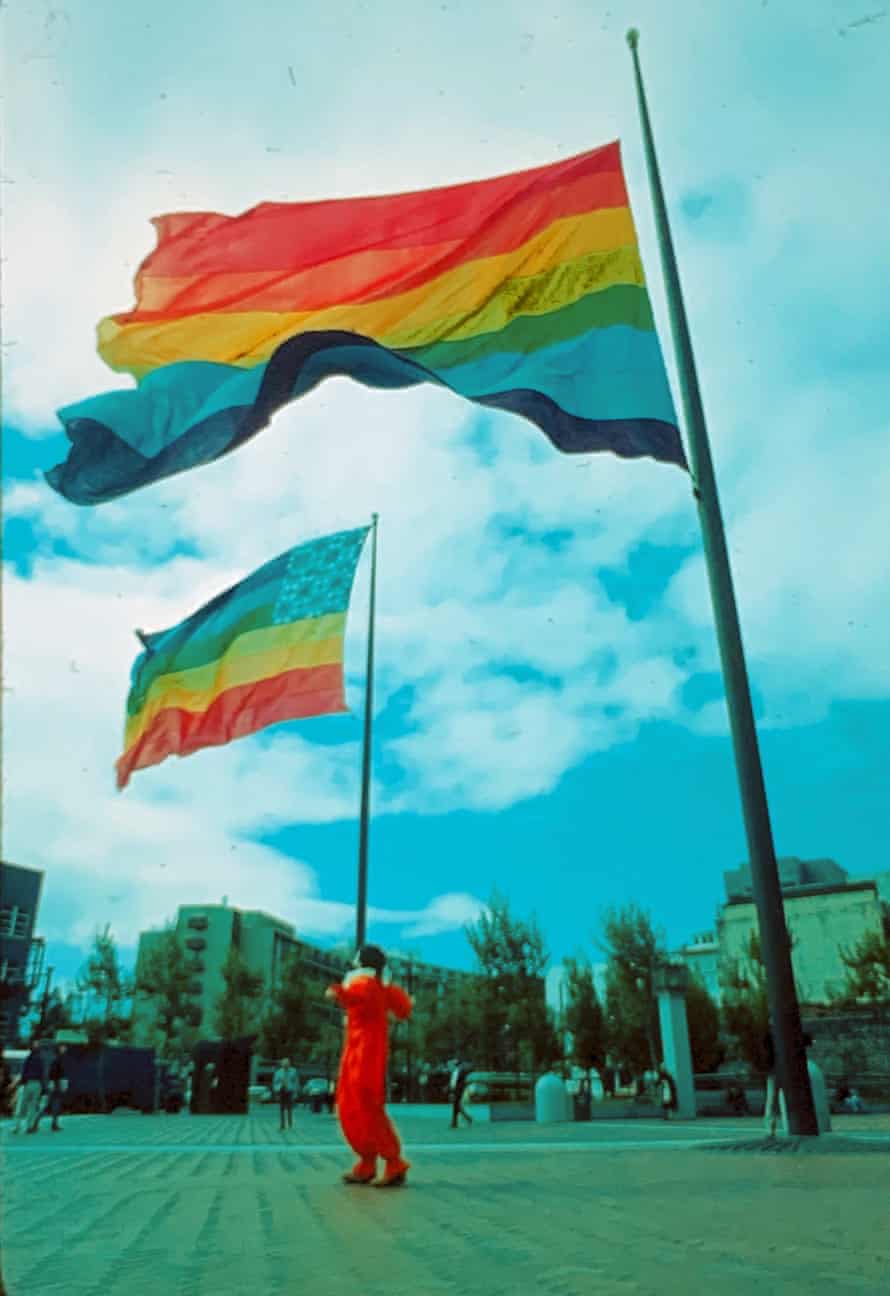 The two original eight-color rainbow flags flying at United Nations Plaza in 1978 during San Francisco Gay Freedom Day.