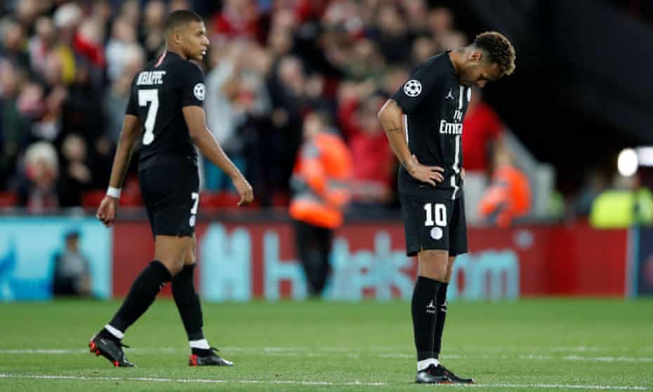 Neymar (right) and Kylian Mbappé show their dismay after Roberto Firmino’s late strike for Liverpool sank PSG at Anfield.