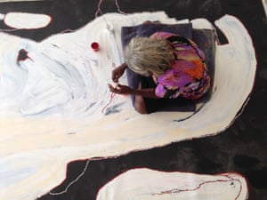 Artist Carlene West at work on her piece Tjitjiti, now on view at the Museum and Art Gallery of the Northern Territory