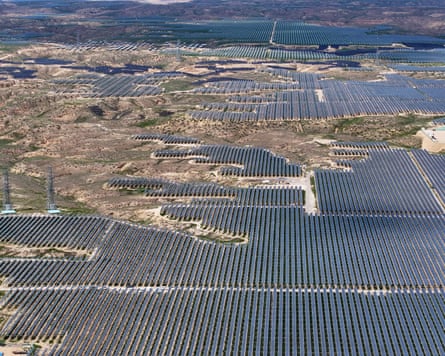 Aerial view of goji berries planted under rows of photovoltaic power panels at an agrivoltaic integrated power project, Yinchuan, Ningxia Hui Autonomous Region, China.