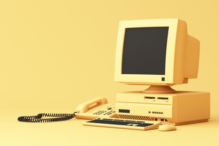 A 3D rendering of a classic analog computer with keyboard, mouse, and rotary phone, styled in full yellow tones with nostalgic vintage charm.
