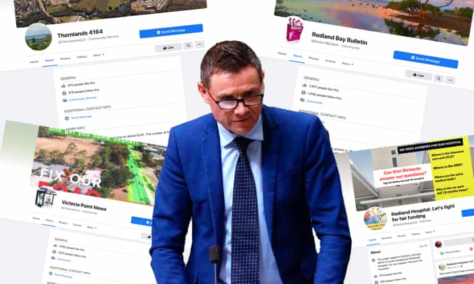 Liberal MP Andrew Laming, who is on leave from parliament to undertake empathy counselling, operates dozens of Facebook community pages (including those pictured here) which promote political material and attack his Labor opponents.