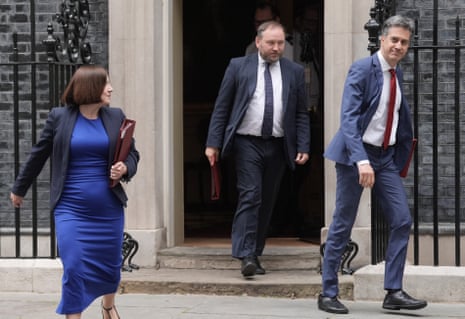 education secretary Bridget Phillipson, Scottish secretary Ian Murray and energy secretary Ed Miliband leaving No 10 after cabinet this morning, where Rachel Reeves briefed them on the spending review.