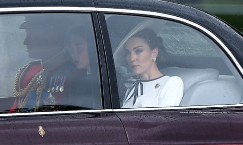 The Princess of Wales pictured with the Prince of Wales and Prince George of Wales arriving at Buckingham Palace before the king’s birthday parade on Saturday. qhiquzidquiedinv