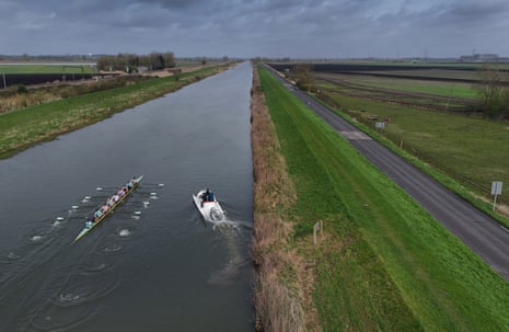 The men’s blue boat practise their starts on the long straight on the Great Ouse at their Ely training site on 20 March 2024.