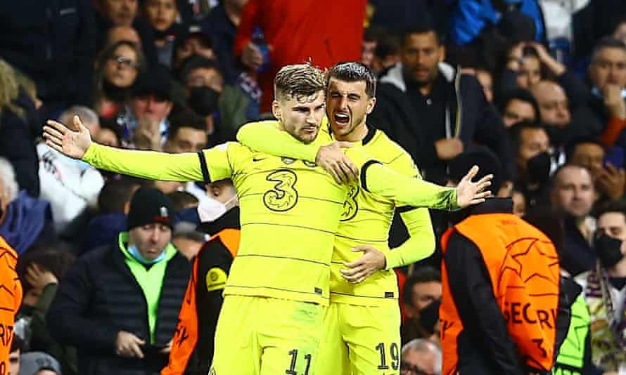 Chelsea's Timo Werner (front) celebrates a goal to make it 3-0.