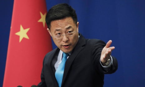 Chinese foreign ministry spokesman Zhao Lijian during a briefing following the decision to expel three Wall Street journalists in February. 